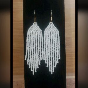 Handmade Czech Glass Bead Fringe Earrings In Ivory With 18kt Gold Plated Hooks
